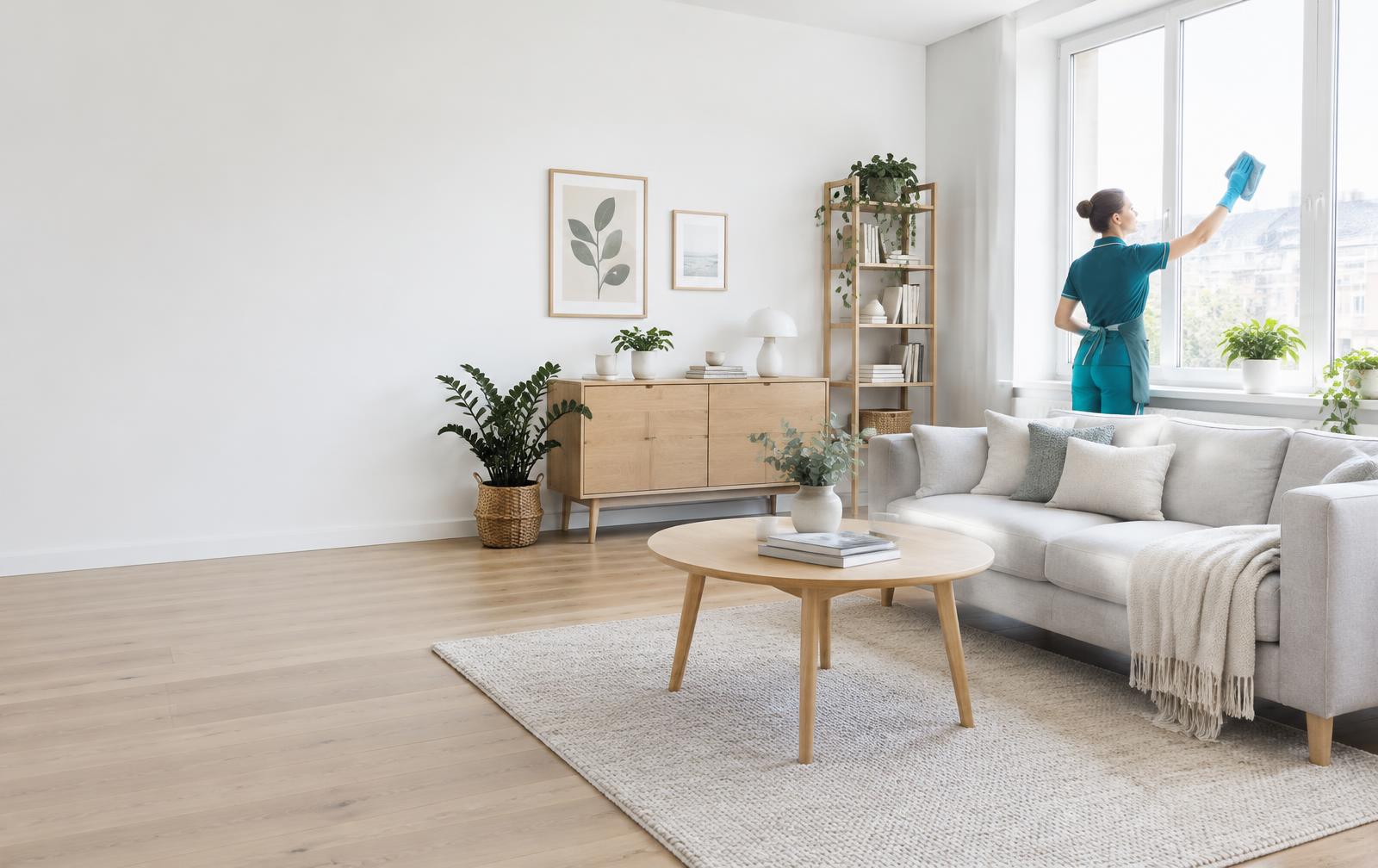 Lyst, nyvasket hjem med renholder ved vinduet